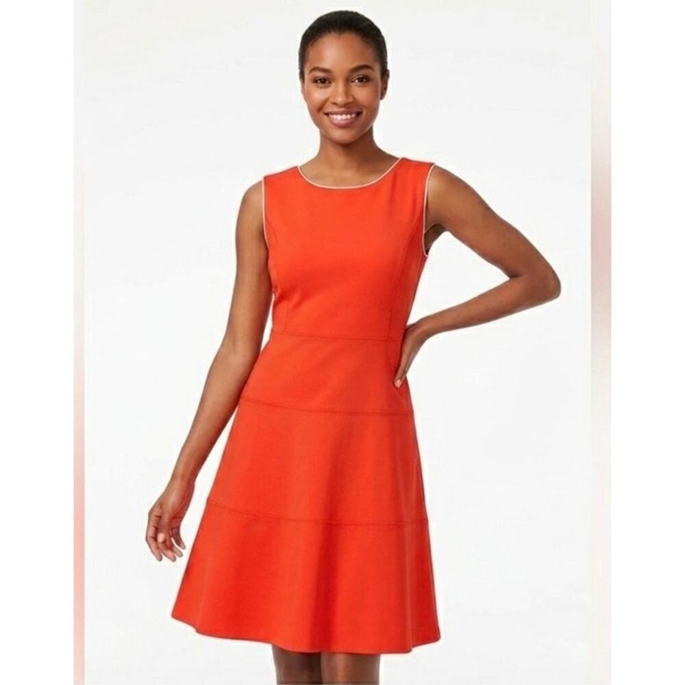 Tory Burch Sleeveless A-Line Dress Vibrant  Red/Coral  Beige Pipping Classic XS